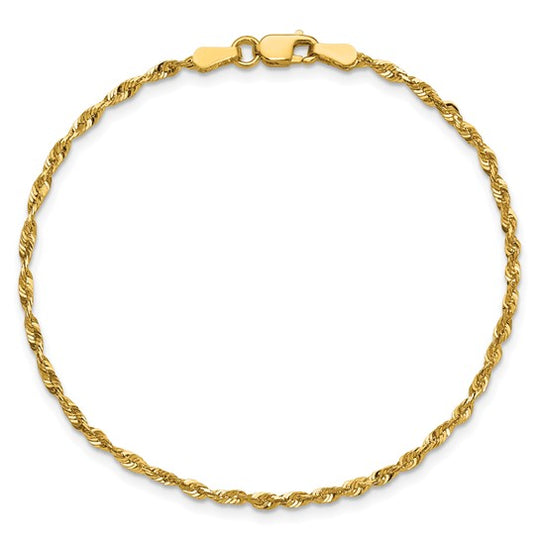 10K Yellow Gold 2.0mm Diamond-Cut Ultra-Light Rope Bracelet with Lobster Clasp