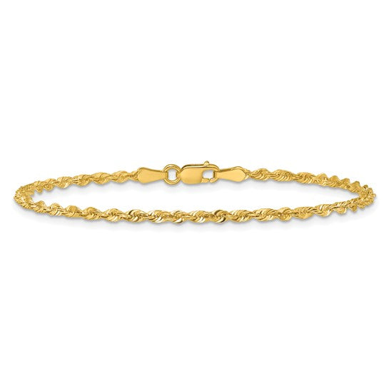 Tobillera de Oro Amarillo de 10K y 9 Pulgadas con Cadena de Cuerda Diamantada Extraligera de 2.25 mm y Broche de Langosta