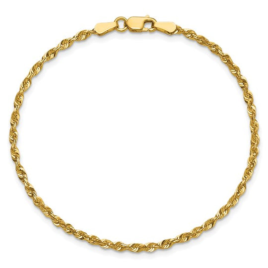 Tobillera de Oro Amarillo de 10K y 9 Pulgadas con Cadena de Cuerda Diamantada Extraligera de 2.25 mm y Broche de Langosta