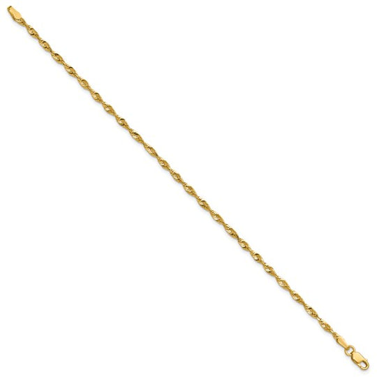 Cadena de Cuerda Extra Ligera de Oro Amarillo de 10K, 2.50 mm, Corte Diamante con Cierre de Langosta