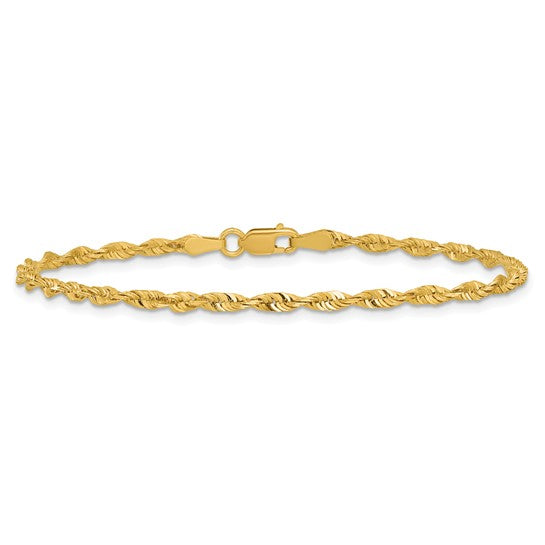 Cadena de Cuerda Extra Ligera de Oro Amarillo de 10K, 2.50 mm, Corte Diamante con Cierre de Langosta