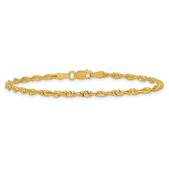 Cadena de Cuerda Extra Ligera de Oro Amarillo de 10K, 2.50 mm, Corte Diamante con Cierre de Langosta