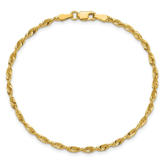Cadena de Cuerda Extra Ligera de Oro Amarillo de 10K, 2.50 mm, Corte Diamante con Cierre de Langosta