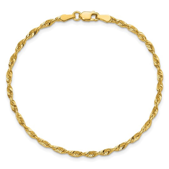 Cadena de Cuerda Extra Ligera de Oro Amarillo de 10K, 2.50 mm, Corte Diamante con Cierre de Langosta
