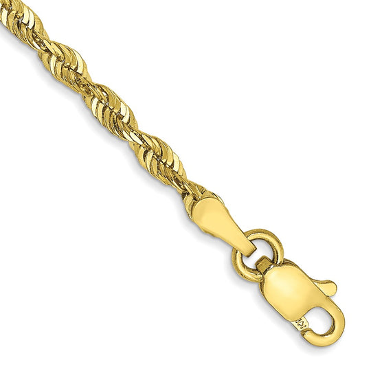 Cadena de Cuerda Extra Ligera de Oro Amarillo de 10K, 2.50 mm, Corte Diamante con Cierre de Langosta