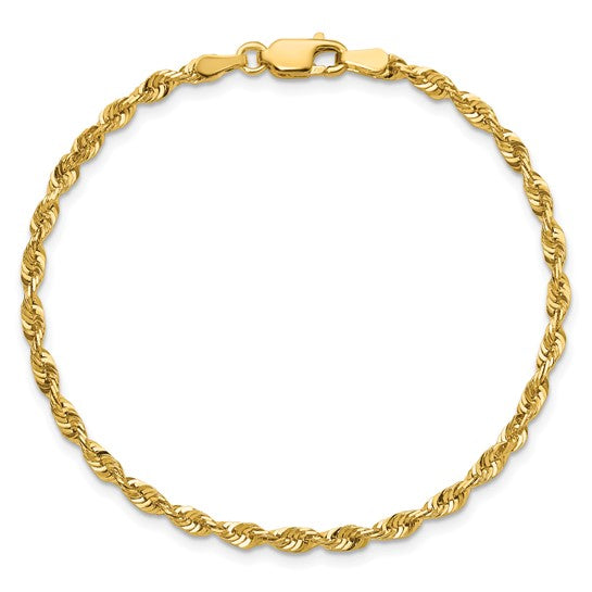 Pulsera de Oro Amarillo de 10K, 2.75mm, Rope Extra-Ligera con Corte Diamante y Cierre de Langosta