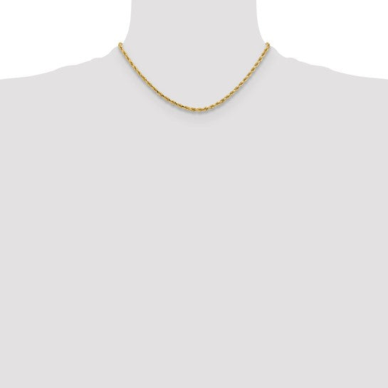 Cadena de Cuerda Diamond-Cut de Oro Amarillo de 10K – 16 Pulgadas, 3.25 mm con Cierre Langosta