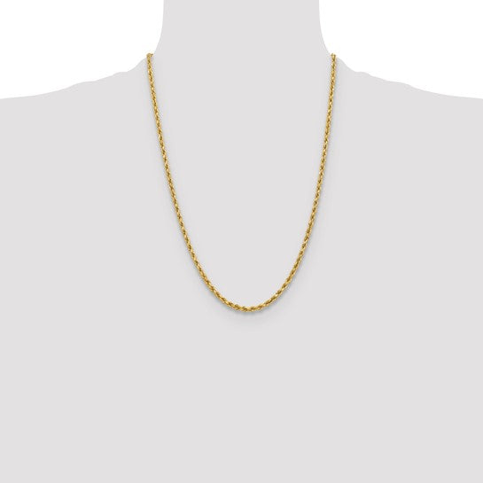 Cadena de Cuerda de Oro Amarillo de 10K – 24 pulgadas y 3.75 mm con Cierre Tipo Langosta
