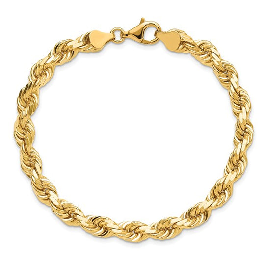 Tobillera de Cadena de Cuerda de Oro Amarillo de 10K de 6.5 mm con Corte Diamante