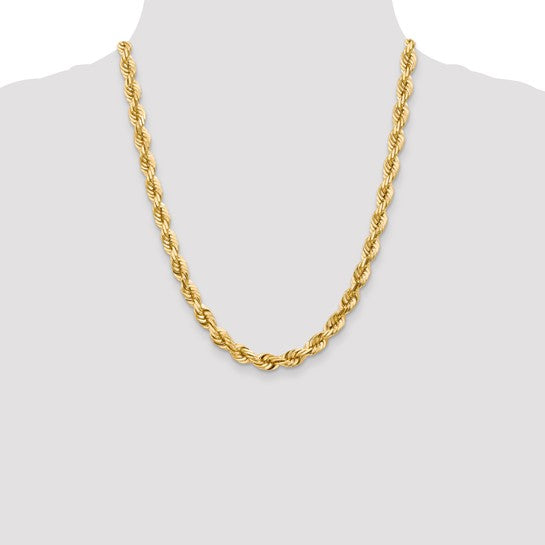 Cadena de Cuerda de Oro Amarillo 10k 22 pulgadas 7mm con Corte Diamante y Cierre tipo Langosta
