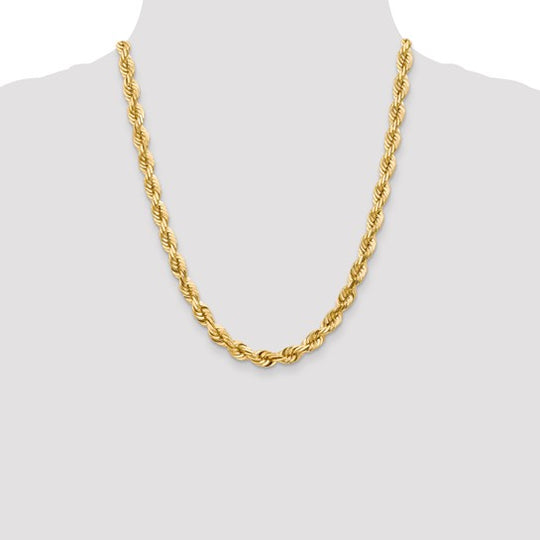 Cadena de Cuerda de Oro Amarillo 10k 22 pulgadas 7mm con Corte Diamante y Cierre tipo Langosta