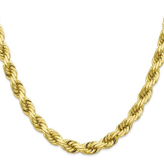 Cadena de Cuerda de Oro Amarillo de 10K – 24 Pulgadas, 8 mm con Cierre Langosta