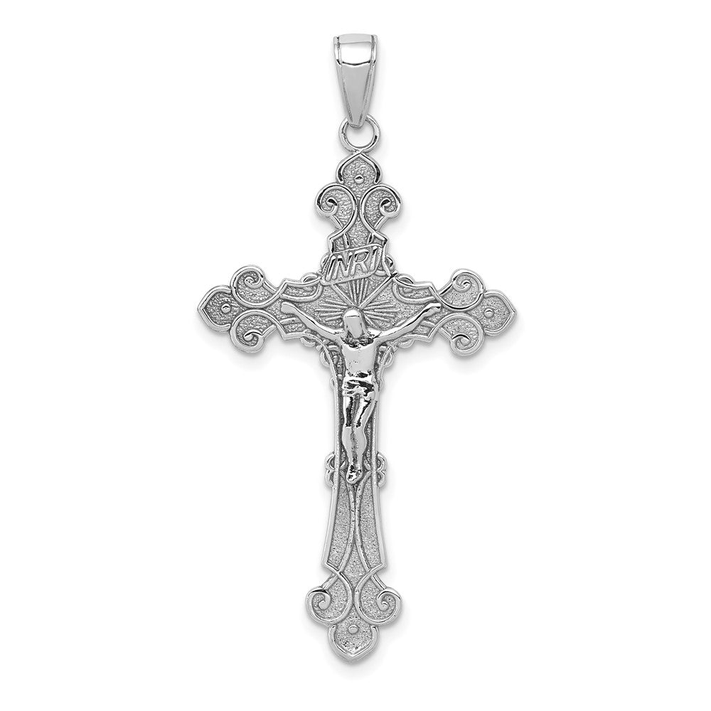 INRI Crucifix Pendant with Fleur-de-Lis and Polished Texture in 10K White Gold