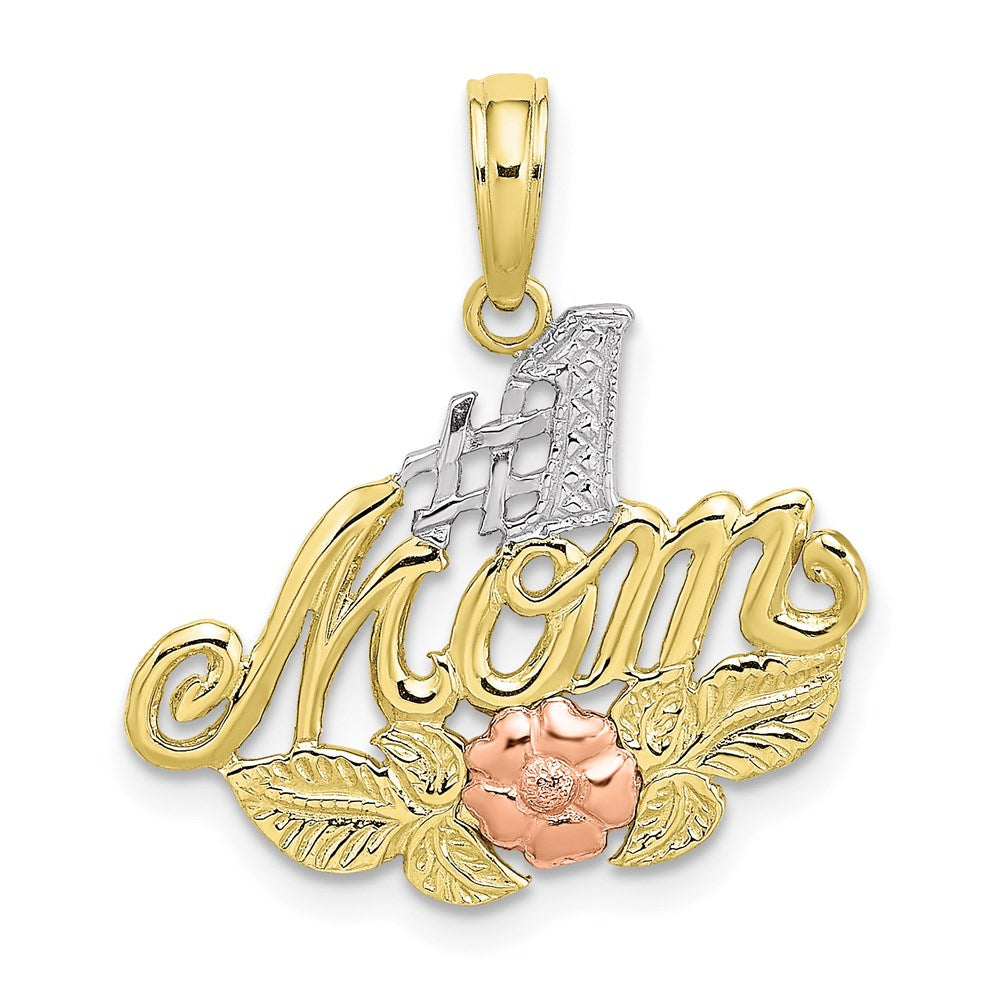 Dije de mamá con Flor #1 Mom en Oro Bicolor de 10k y Rodio Blanco