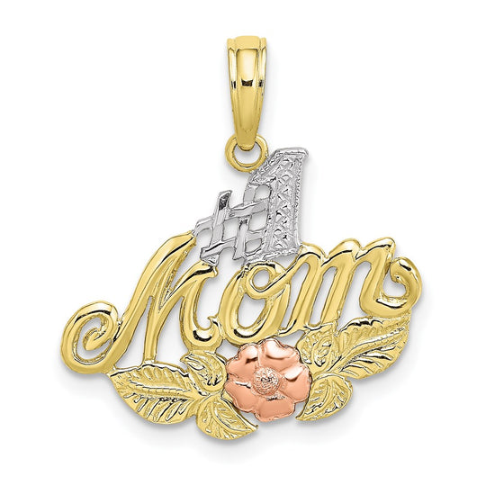 Dije de mamá con Flor #1 Mom en Oro Bicolor de 10k y Rodio Blanco