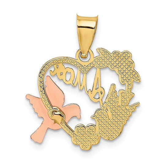 Colgante de Corazón "Amor" con Palomas en Oro Bicolor de 10k y Rodio Blanco