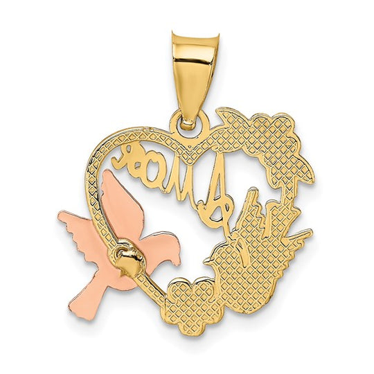 Colgante de Corazón "Amor" con Palomas en Oro Bicolor de 10k y Rodio Blanco