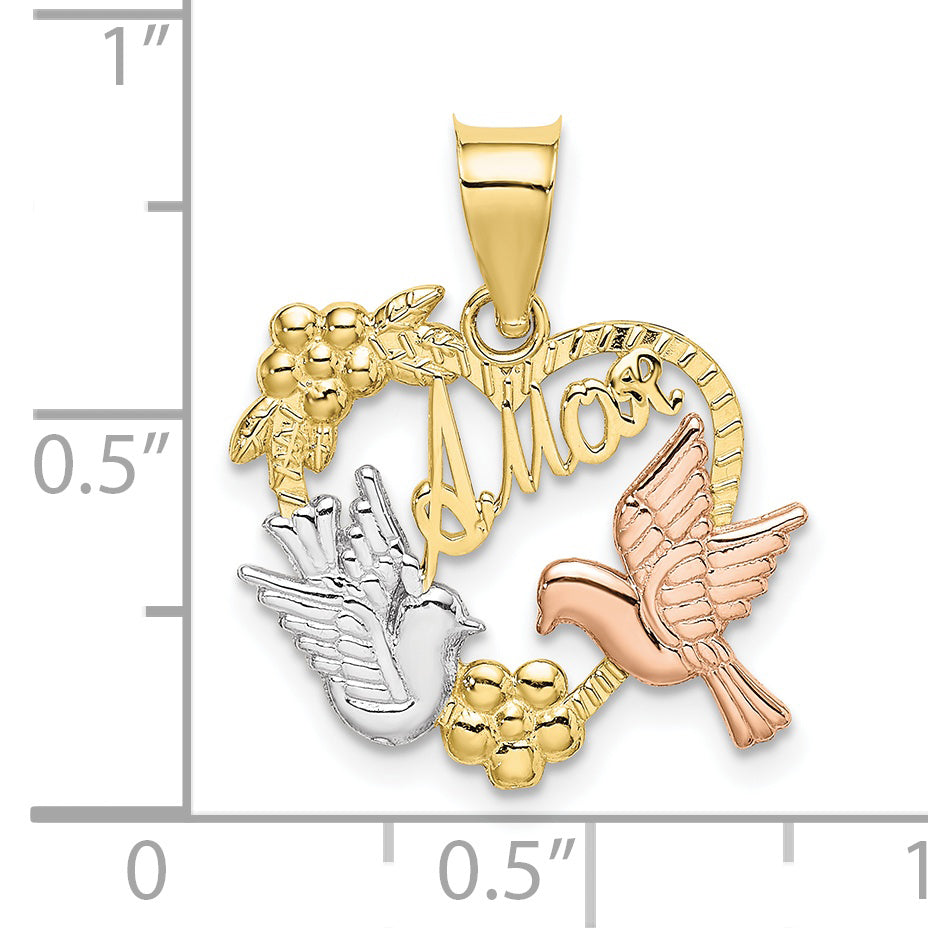 Colgante de Corazón "Amor" con Palomas en Oro Bicolor de 10k y Rodio Blanco
