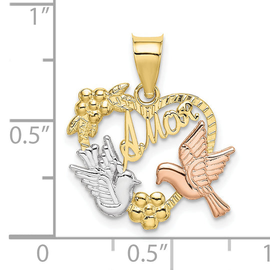 Colgante de Corazón "Amor" con Palomas en Oro Bicolor de 10k y Rodio Blanco