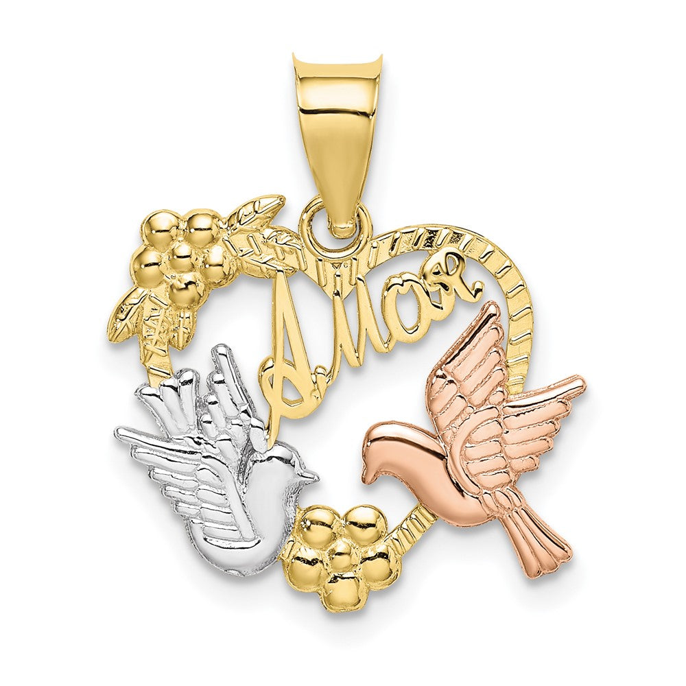 Colgante de Corazón "Amor" con Palomas en Oro Bicolor de 10k y Rodio Blanco
