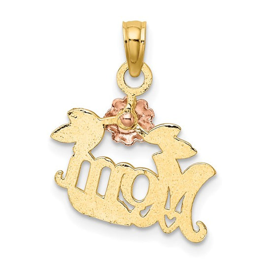 Dije de Rollo Texturizado con Flor "Mom" en Oro de Dos Tonos de 10k