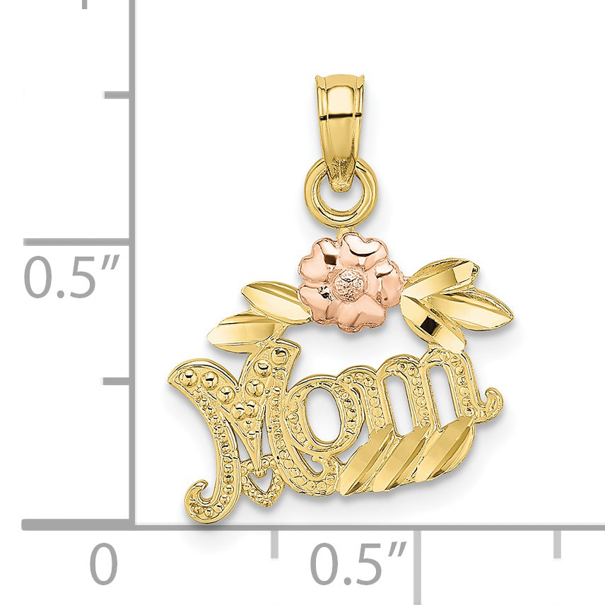 Dije de Rollo Texturizado con Flor "Mom" en Oro de Dos Tonos de 10k