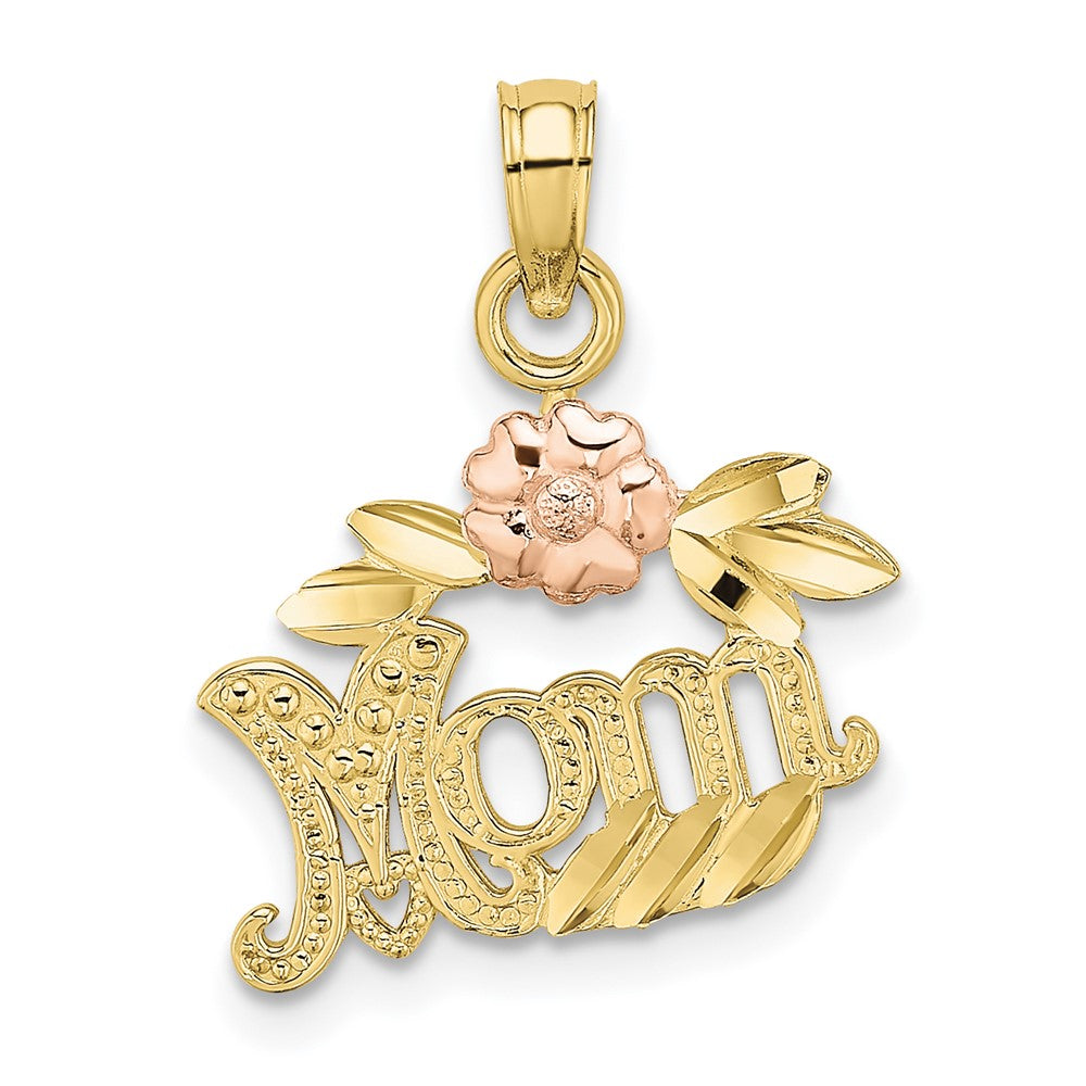 Dije de Rollo Texturizado con Flor "Mom" en Oro de Dos Tonos de 10k