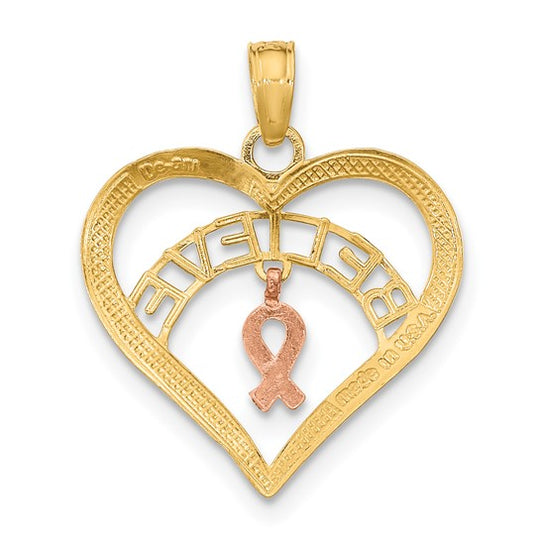Colgante "Belive" en Corazón con Cinta de Cáncer de Mama en Oro Bicolor de 10k con Rodio Blanco