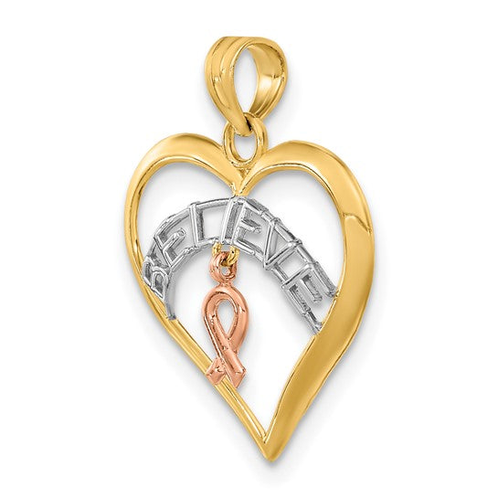 Colgante "Belive" en Corazón con Cinta de Cáncer de Mama en Oro Bicolor de 10k con Rodio Blanco