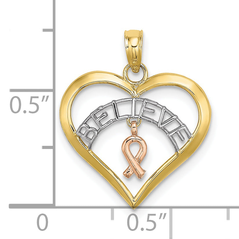 Colgante "Belive" en Corazón con Cinta de Cáncer de Mama en Oro Bicolor de 10k con Rodio Blanco
