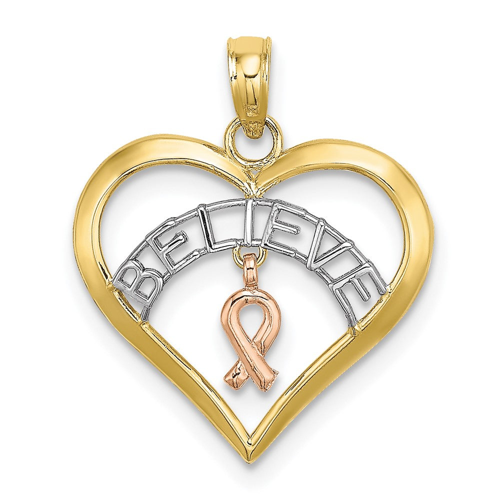 Colgante "Belive" en Corazón con Cinta de Cáncer de Mama en Oro Bicolor de 10k con Rodio Blanco