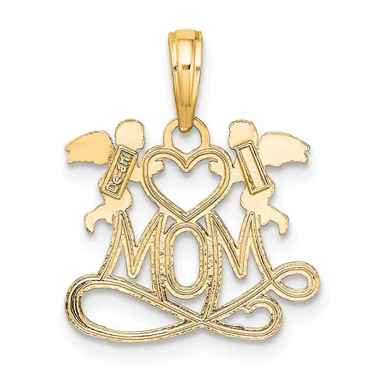 Dije de Mamá con Corazón y Ángeles en Oro de 10K Pulido