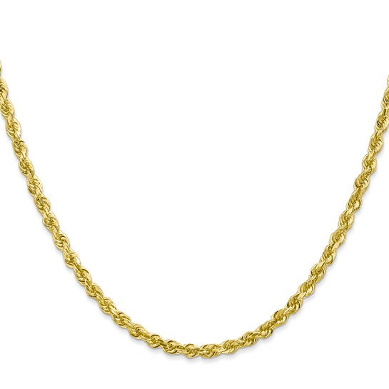 Cadena de Oro Amarillo de 10K — 24 pulgadas, 3.35 mm, Estilo Cuerda con Corte Diamante y Cierre de Langosta