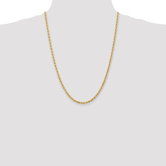 Cadena de Oro Amarillo de 10K — 24 pulgadas, 3.35 mm, Estilo Cuerda con Corte Diamante y Cierre de Langosta