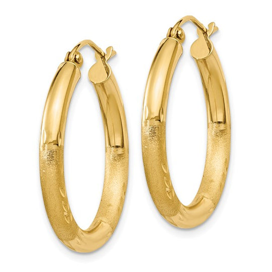 10K Diamond-Cut Satin Round Hoop Earrings (3mm)