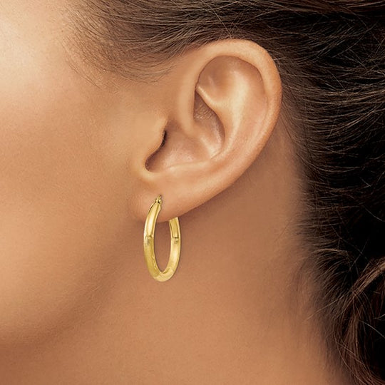 10K Diamond-Cut Satin Round Hoop Earrings (3mm)