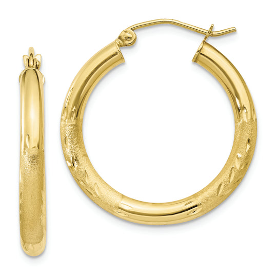 10K Diamond-Cut Satin Round Hoop Earrings (3mm)
