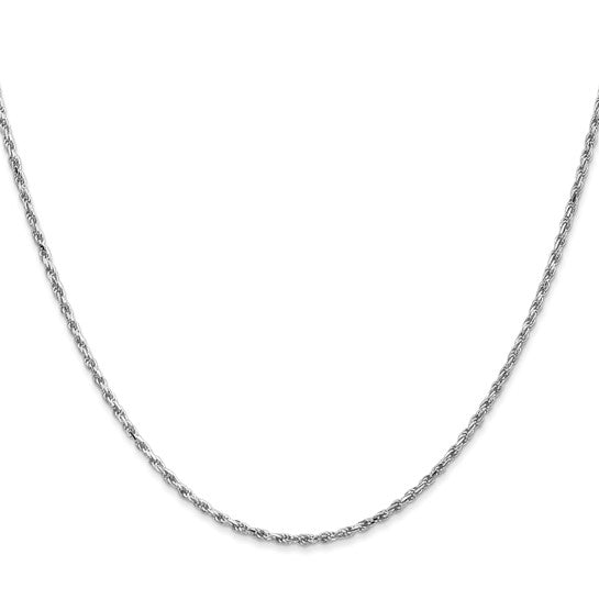 Cadena de Oro Blanco 10K 1.6mm (Cuerda, Corte Diamante, Hecha a Máquina, Placa de Rodio, Cierre de Langosta)