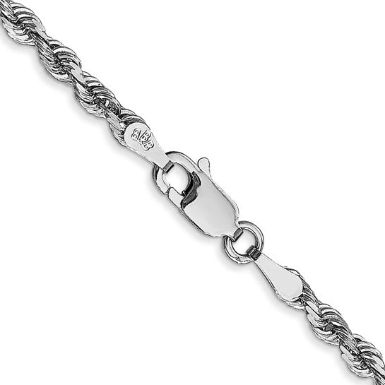 Cadena de Cuerda Cuádruple de Oro Blanco 10k 30 pulgadas 3mm con Corte Diamante y Cierre tipo Langosta