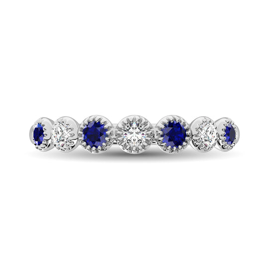 Diamante 1/5 Ct.Tw. Y banda apilada de zafiro azul en oro blanco de 14 k (3 diamantes y 4 zafiros azules)