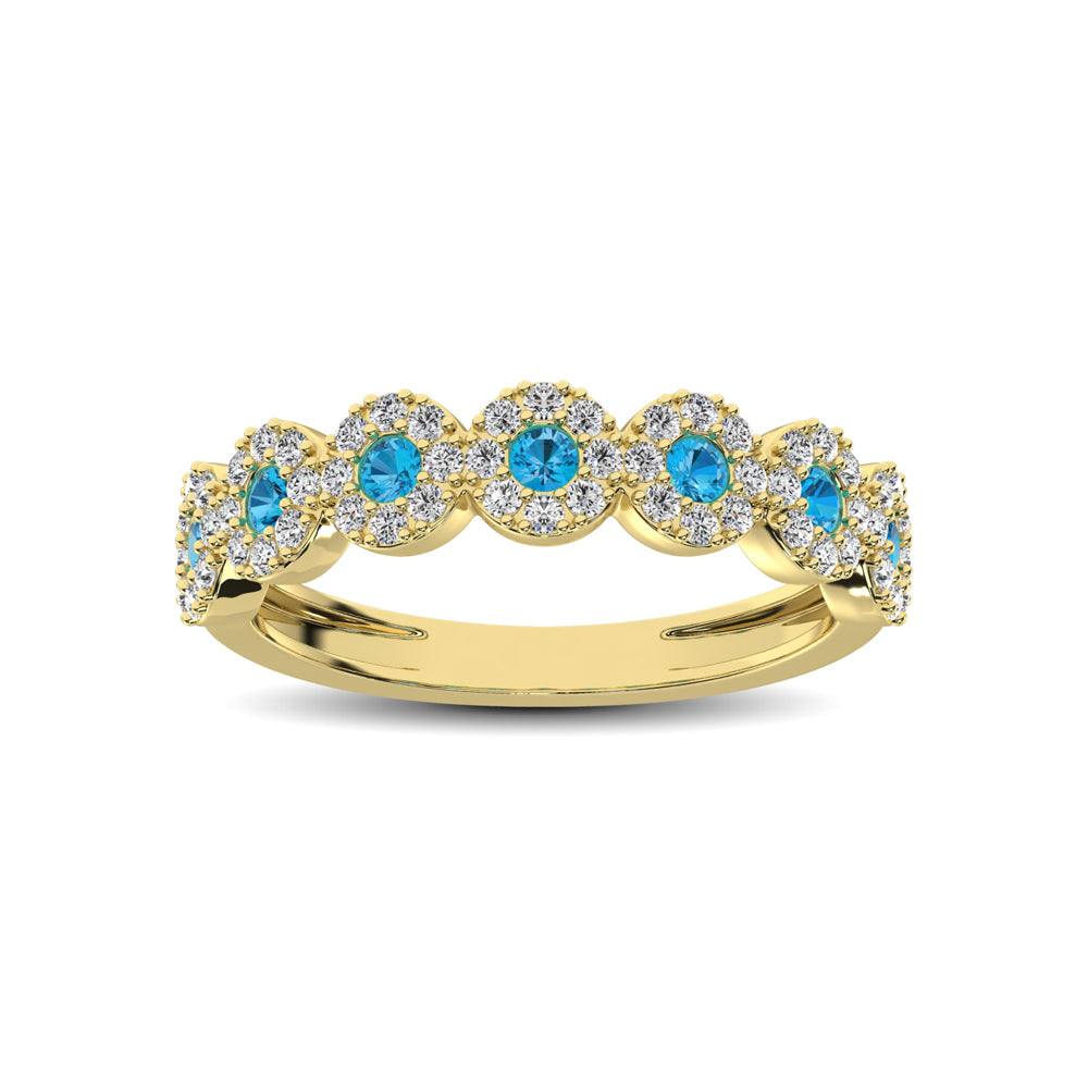 Oro amarillo de 14 quilates de 5/8 quilates total. Banda apilable de diamantes y zafiro azul