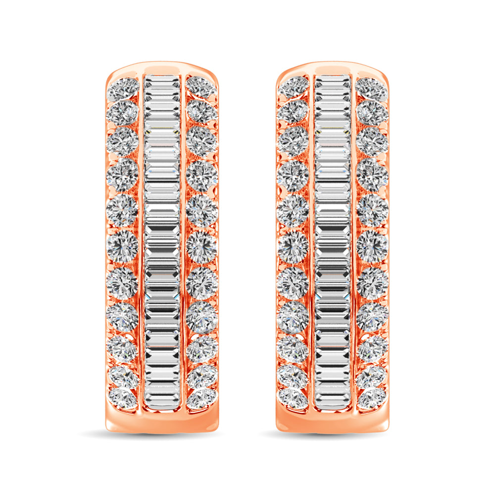 Oro rosa de 14 quilates con diamantes redondos y baguette de 1/2 qt. total. Aretes de aro