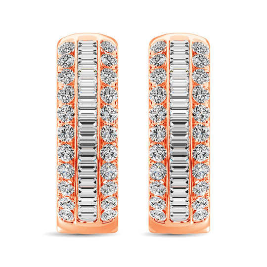 Oro rosa de 14 quilates con diamantes redondos y baguette de 1/2 qt. total. Aretes de aro