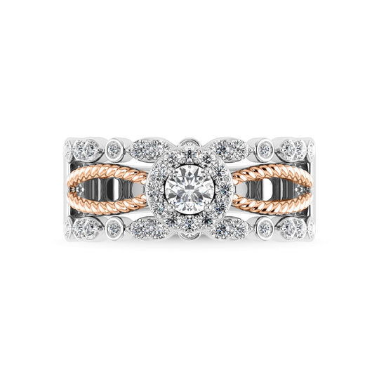 Oro blanco de 14 quilates de 3/4 quilates total. Anillo de compromiso de diamantes