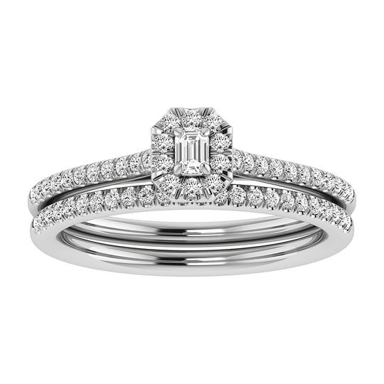 Esmeralda y diamante redondo de 3/8 qt.Tw. Anillo nupcial en oro blanco de 10 quilates