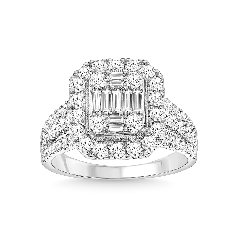 Diamante de oro blanco de 14 quilates de 1 1/2 quilates total. Anillo de moda