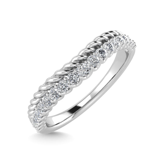 1/10 carat total 14K white gold diamond. Curved band.