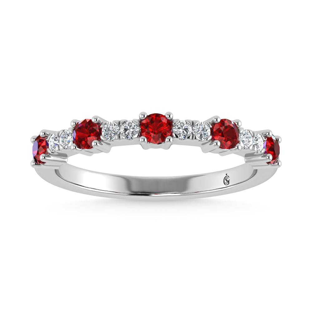 14K White Gold Diamond 5/8 ct. Two. Alternative Diamond and Ruby Stackable Band