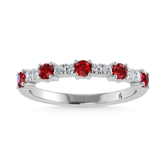 14K White Gold Diamond 5/8 ct. Two. Alternative Diamond and Ruby Stackable Band