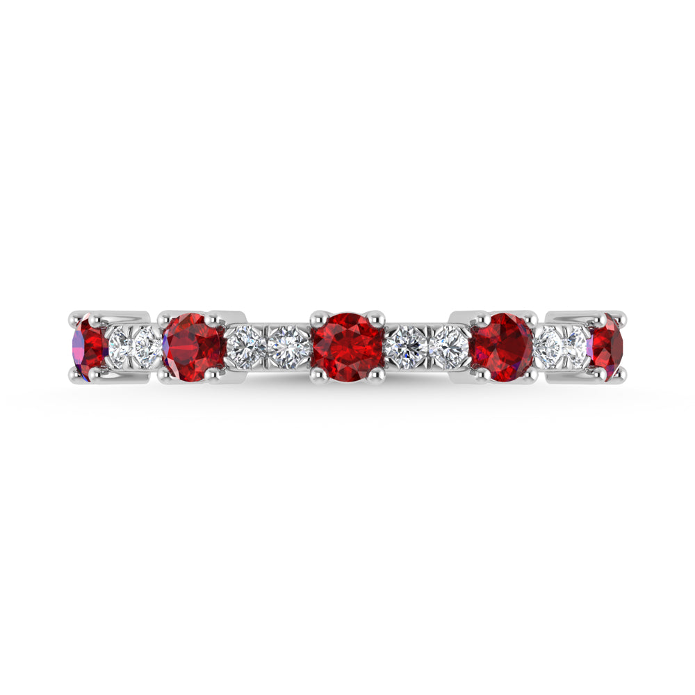 14K White Gold Diamond 5/8 ct. Two. Alternative Diamond and Ruby Stackable Band